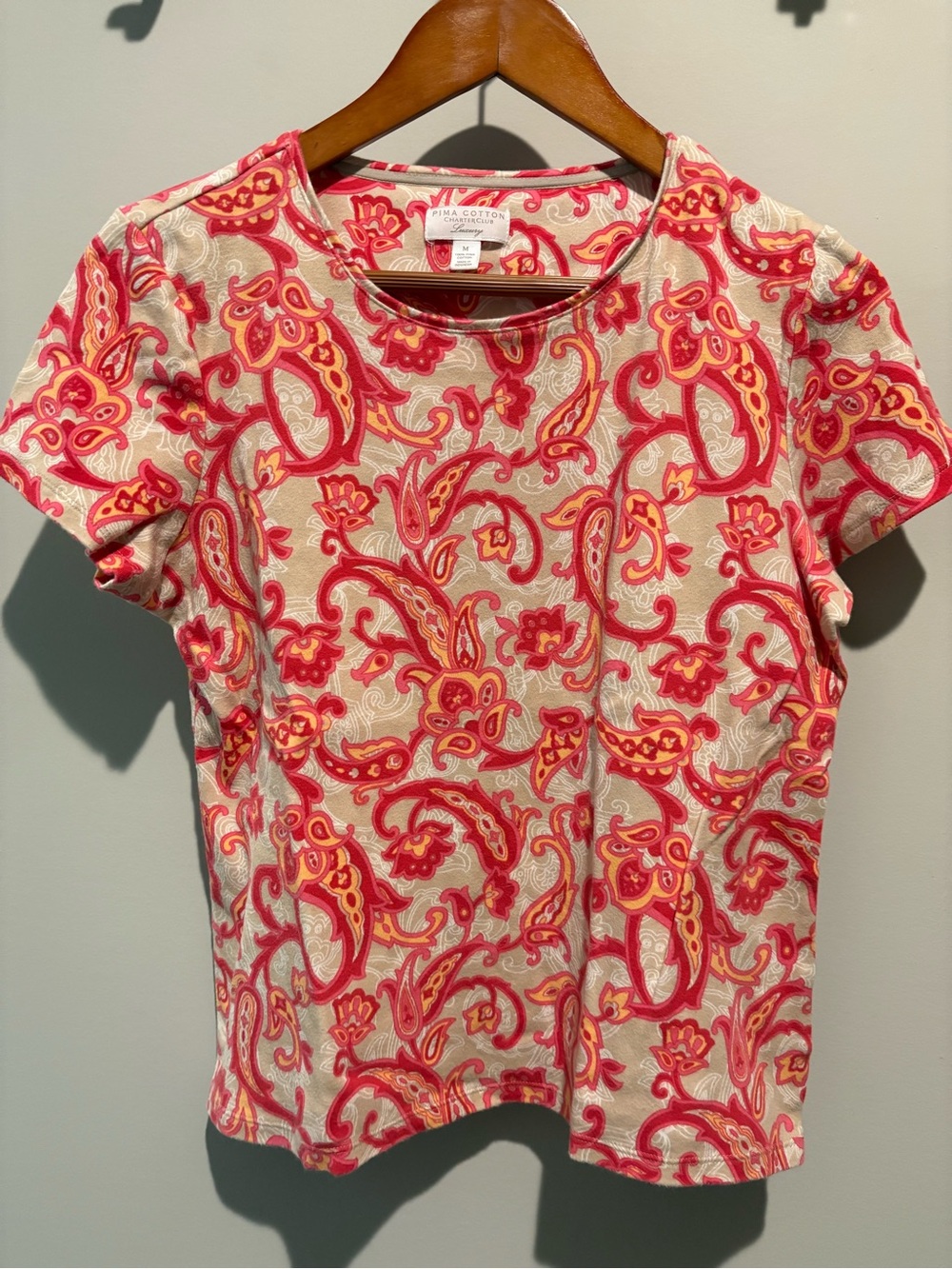 Charter Club Cream Tee with Pink and Orange Paisley Print